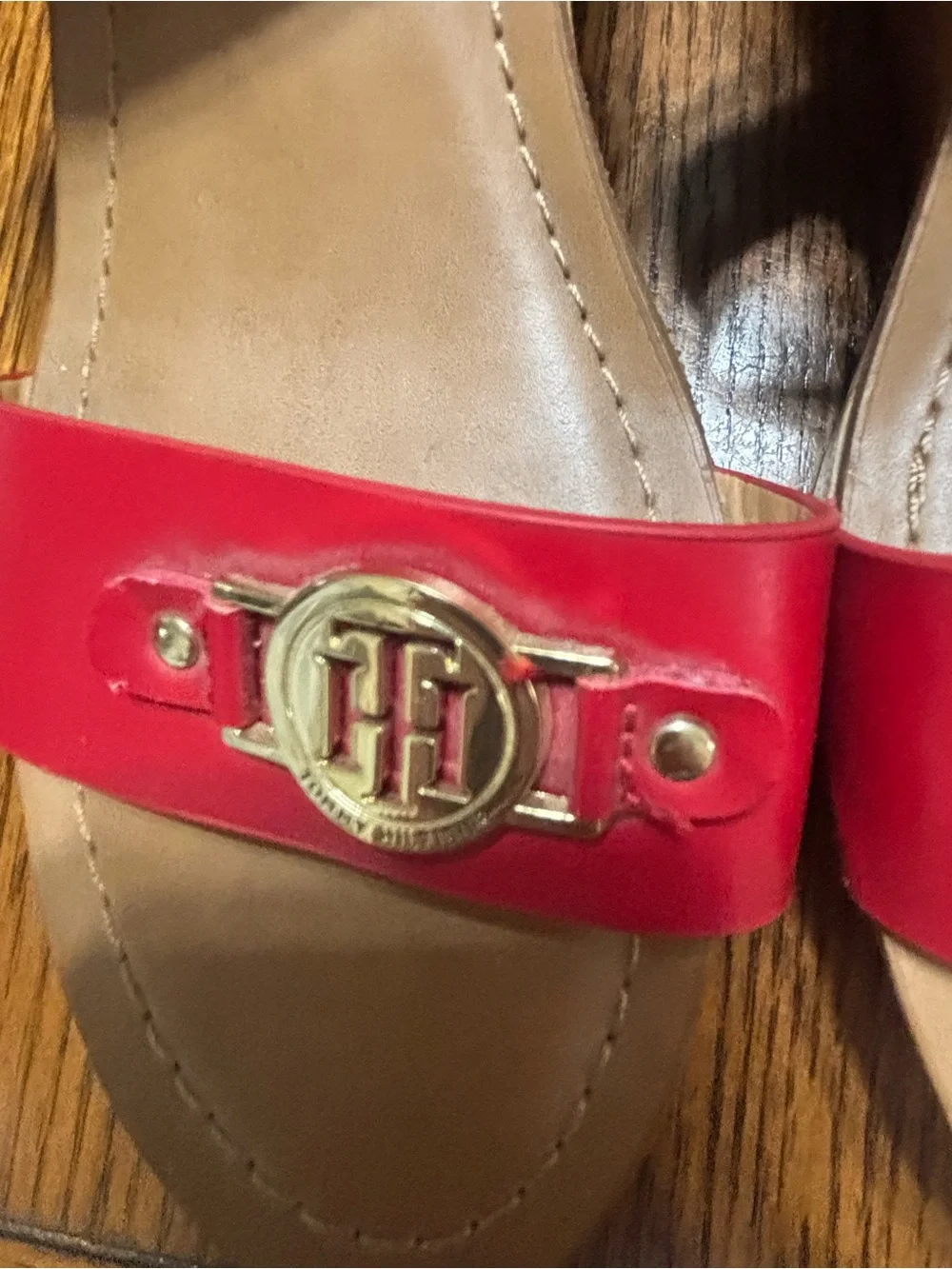 Tommy Hilfiger Kahdy Red Strappy Tan Wedge Sandals